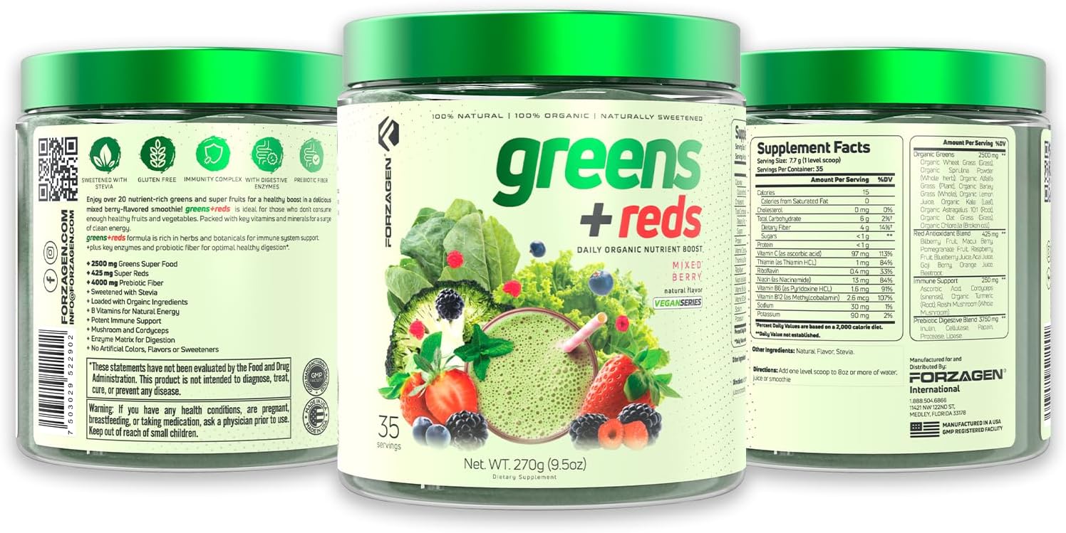 Forzagen Vegan Greens & Reds Superfood Powder - Polvo de Superalimentos Verdes y Rojos Orgánicos