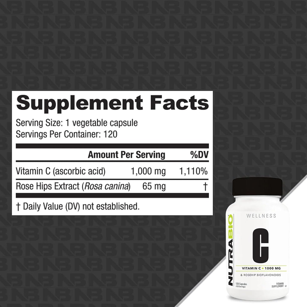 NutraBio Vitamina C con Rosa Mosqueta - 1000 mg por Cápsula, 120 Cápsulas