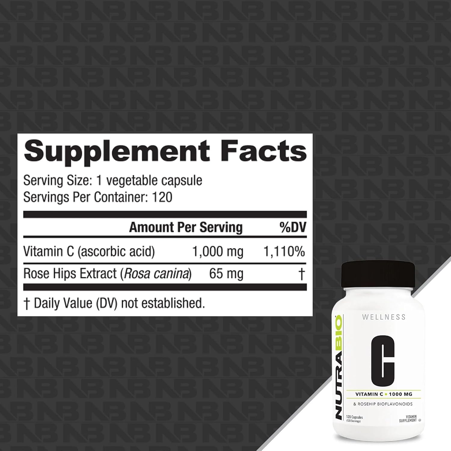 NutraBio Vitamina C con Rosa Mosqueta - 1000 mg por Cápsula, 120 Cápsulas