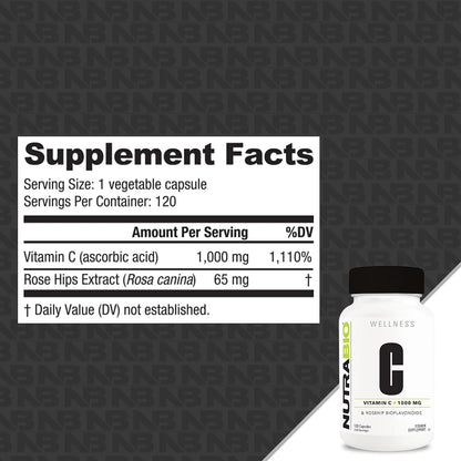 NutraBio Vitamina C con Rosa Mosqueta - 1000 – Apoyo al colágeno: Contribuye a la formación normal de colágeno – Image 3