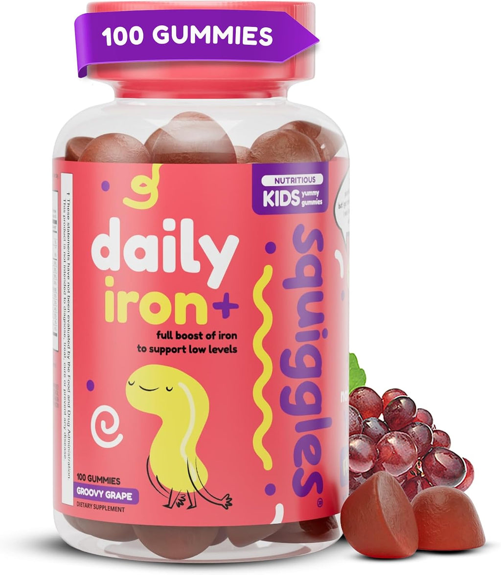 Squiggles Kids Daily Iron+ Gummies - Gomitas masticables con hierro y multivitaminas para niños, bajo en azúcar, veganas, sabor a uva (100 unidades)