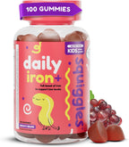 Squiggles Kids Daily Iron+ Gummies - Gomitas masticables con hierro y multivitaminas para niños, bajo en azúcar, veganas, sabor a uva (100 unidades)