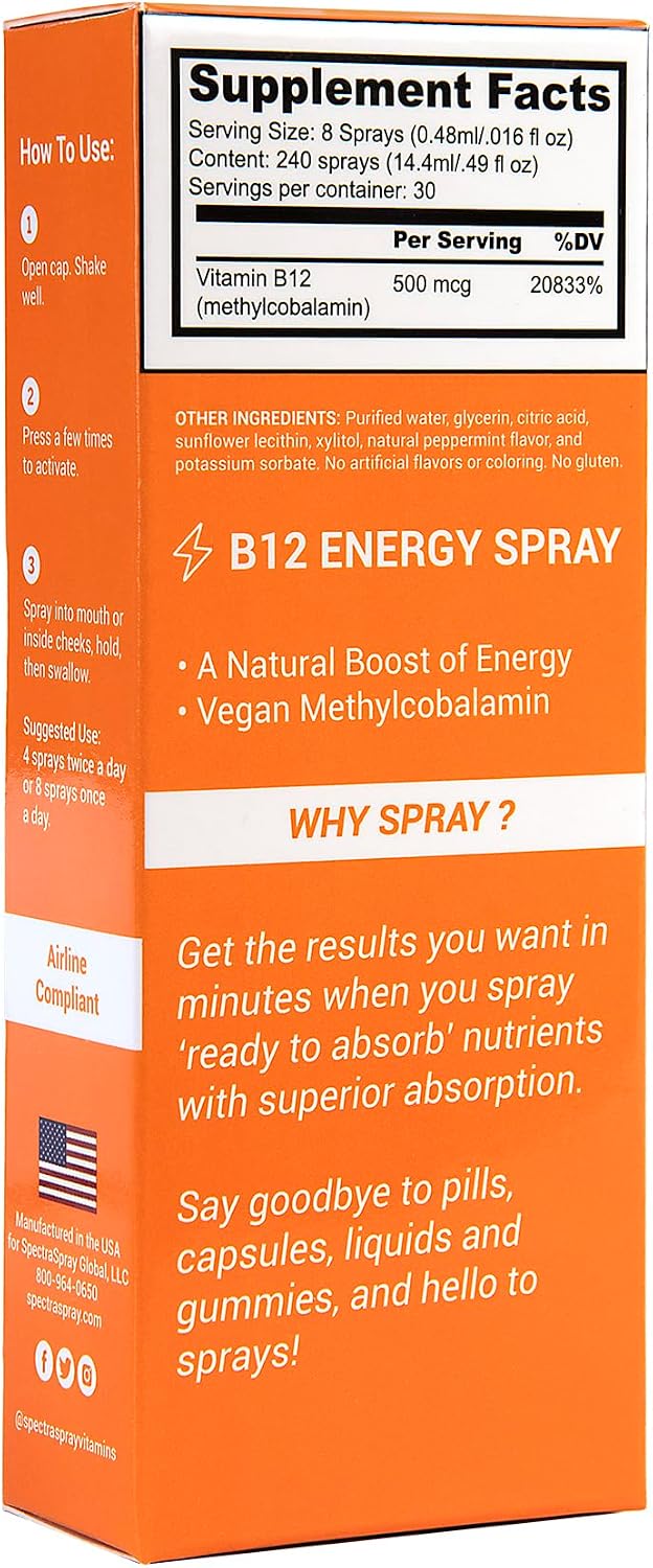 Vitamina B12 en Spray 500 mcg - Metilcobalamina - Vegano - 30 Días