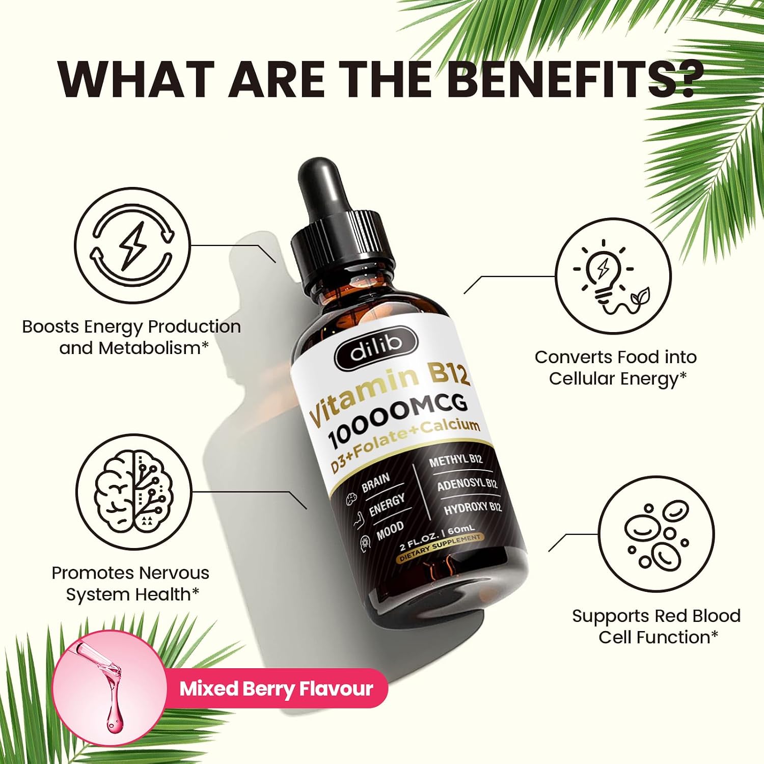 Complex Vitamina B12 10000 mcg | Gotas Sublinguales Veganas con Metilcobalamina, Adenosilcobalamina e Hidroxocobalamina | Sabor a Bayas Mixtas