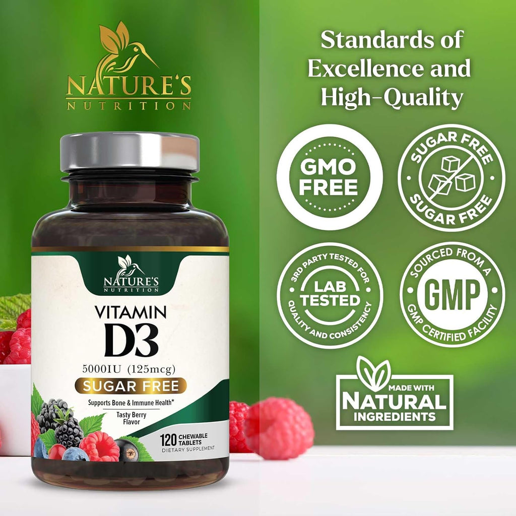 Vitamina D3 5000 UI (125 mcg) por ración - Comprimidos masticables extra fuertes para el apoyo inmunitario, huesos, dientes y músculos - Sin azúcar, sin gluten, envasado en EE. UU. - 120 comprimidos