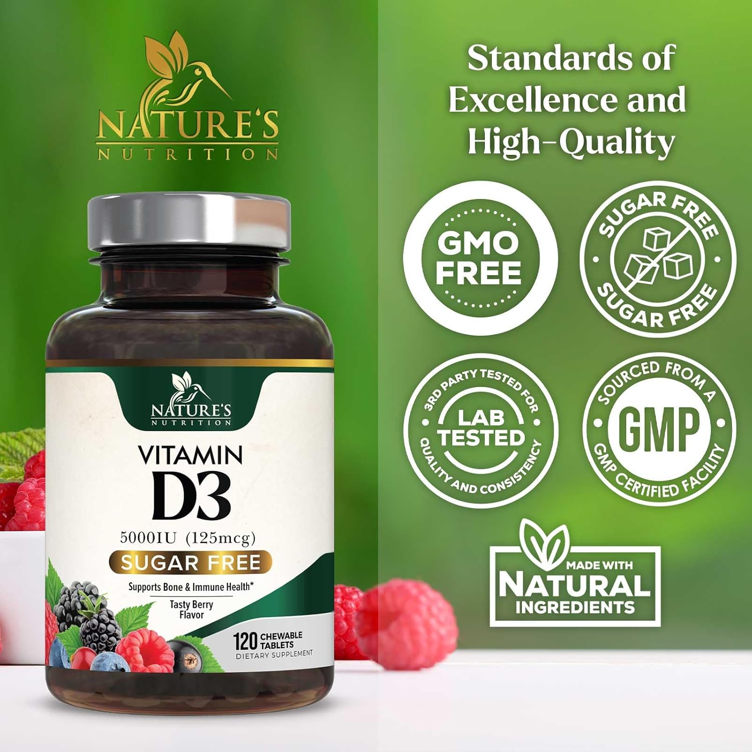Vitamina D3 5000 UI (125 mcg) por ración - Comprimidos masticables extra fuertes para el apoyo inmunitario, huesos, dientes y músculos - Sin azúcar, sin gluten, envasado en EE. UU. - 120 comprimidos