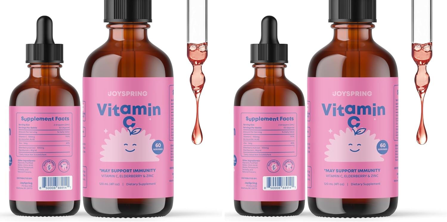 JoySpring Vitamina C y Zinc para Niños con Saúco – Gotas Líquidas, 118 ml (60 dosis)