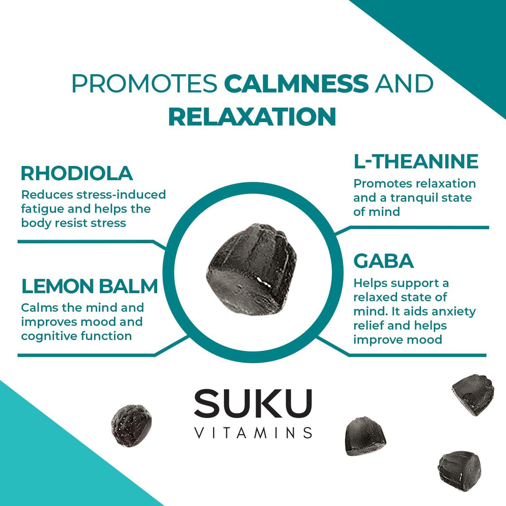 SUKU Vitamins - Buh Bye Stress Gominolas Relajantes - Rhodiola, Melisa, L-Teanina, GABA - 50 unidades