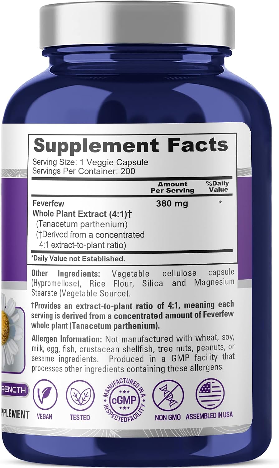 NusaPure Feverfew Cápsulas, 380 mg, 200 Cápsulas Vegetales (No-GMO, Sin Gluten)