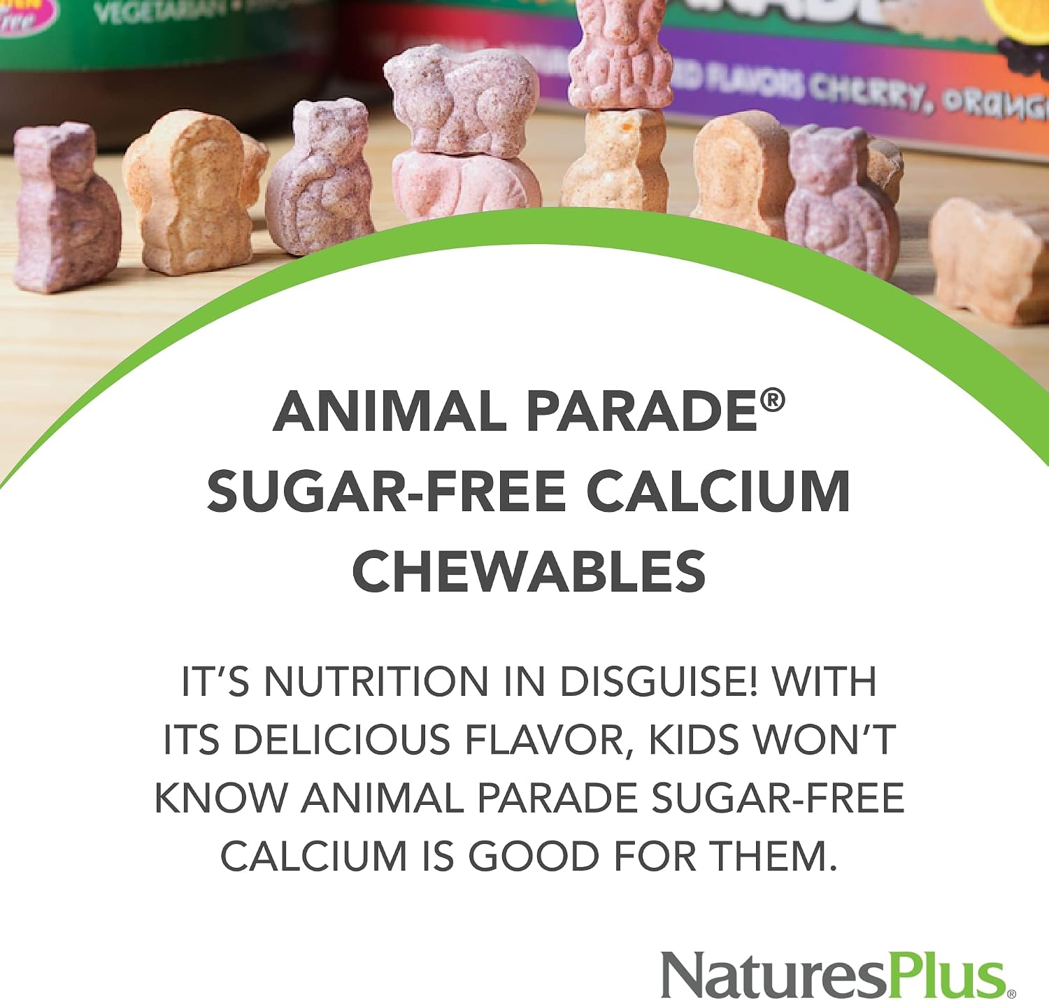 NaturesPlus Animal Parade Calcio sin Azúcar para Niños, Sabor Sundae de Vainilla - 90 Tabletas Masticables con Forma de Animales