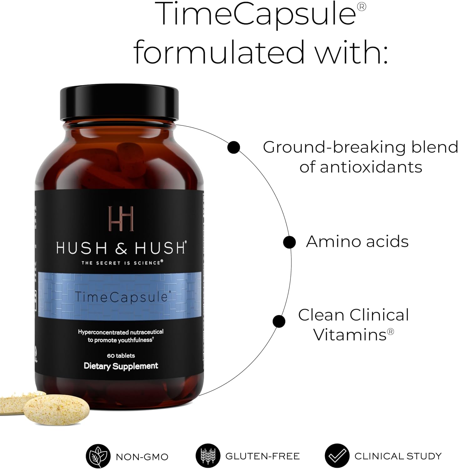 Hush & Hush Multivitamínico de Belleza para Mujeres – Colágeno Marino, Ácido Hialurónico, Vitamina C y B12 – 60 Comprimidos