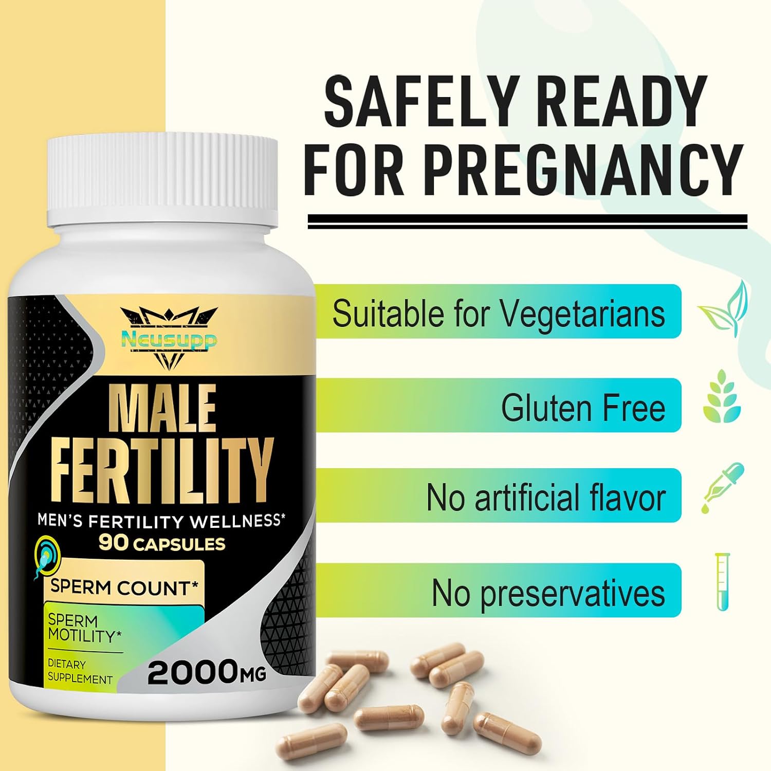 Neusupp Suplemento de Fertilidad Masculina - Vitaminas Prenatales para Hombres con CoQ10, Maca, Zinc, NAC y Folato - 90 Cápsulas