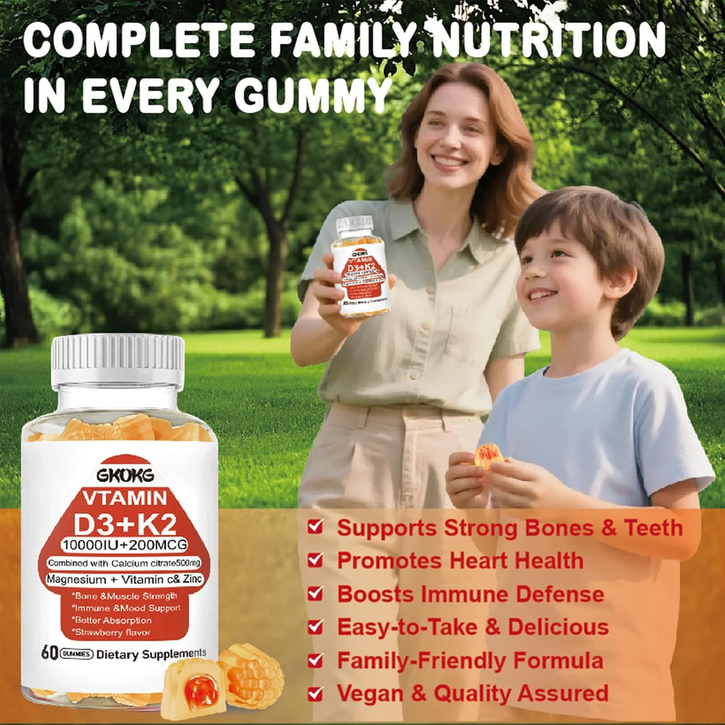 GKOKG Vitamina D3 K2 Gominolas Veganas - 1000 UI D3 + 200 mcg MK7 - Apoyo para Huesos, Corazón, Músculos e Inmunidad - 60 Gominolas Sabor Naranja