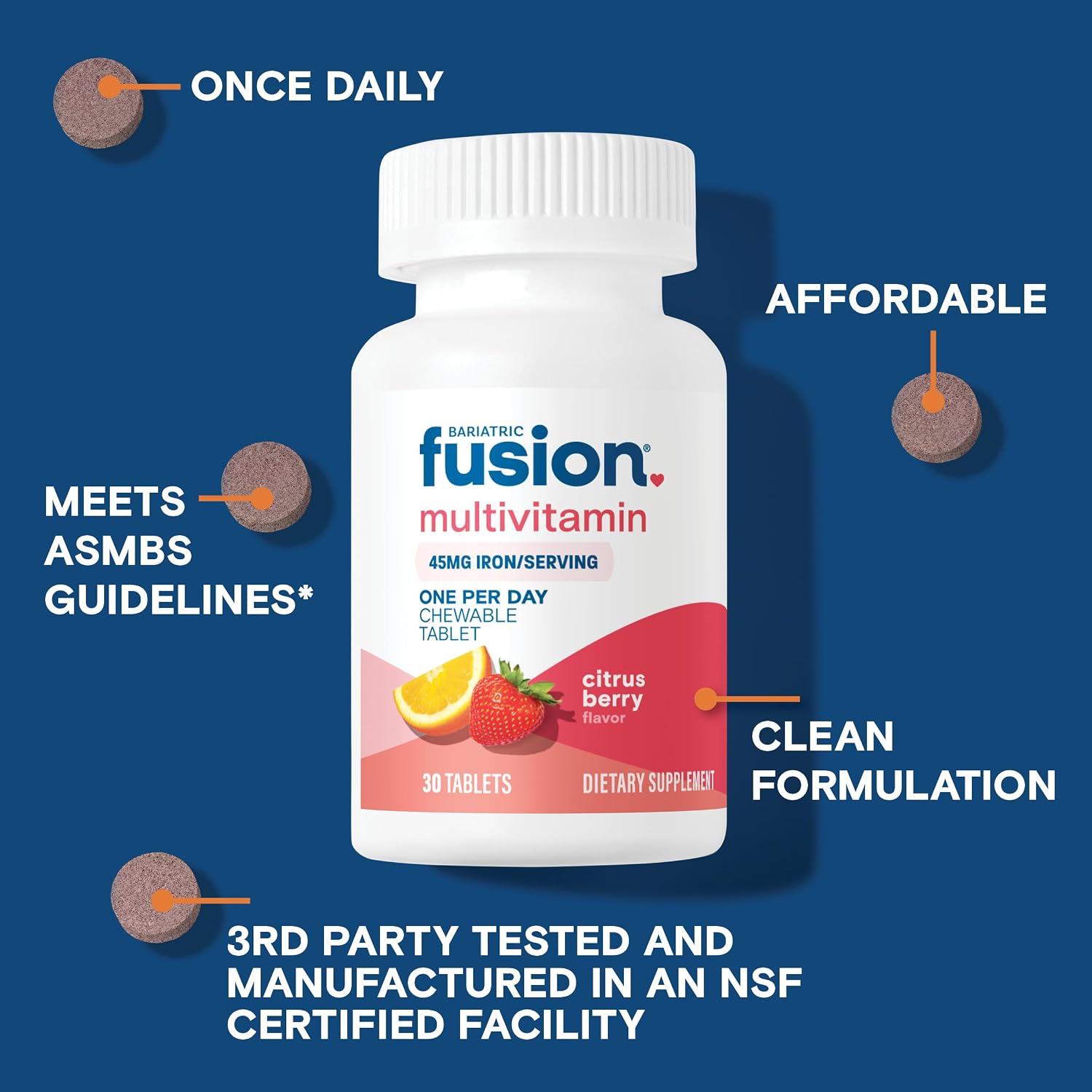 Bariatric Fusion One Per Day Multivitamínico Bariátrico con Hierro Masticable - Sabor Cítricos Bayas - 30 Comprimidos