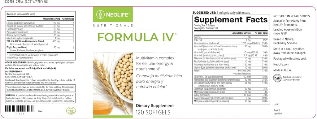 NeoLife Formula IV Softgel - Complejo Multivitamínico y Multimineral con Vitaminas A, C, D, E, Complejo B - 120 Cápsulas Blandas