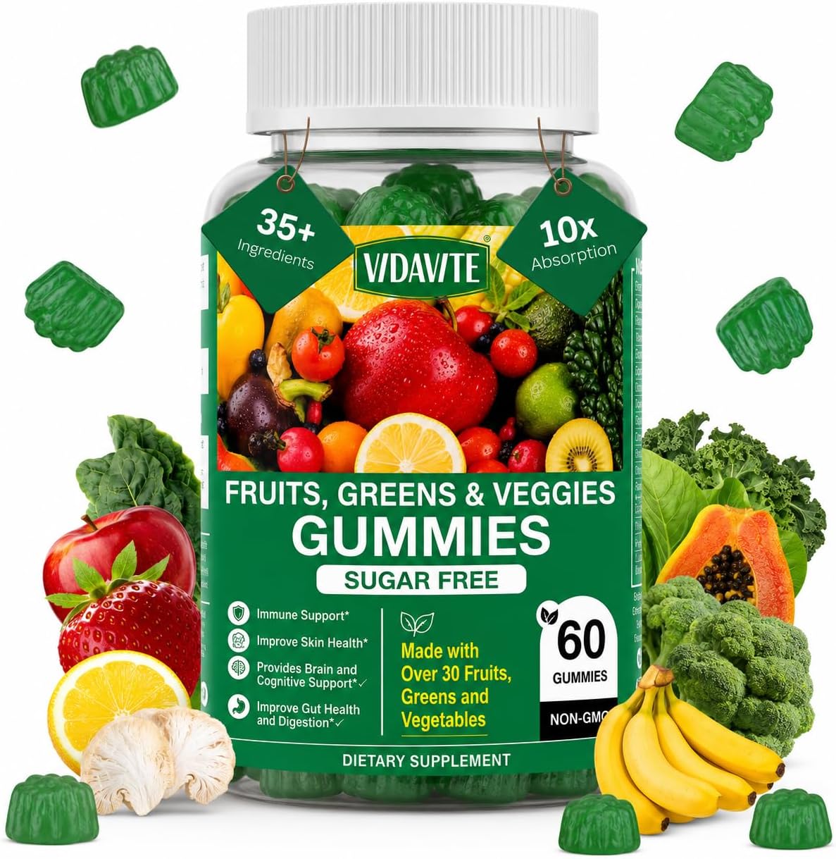VIDAVITE Gominolas de Superalimentos sin Azúcar - 35+ Frutas y Verduras para Adultos y Adolescentes