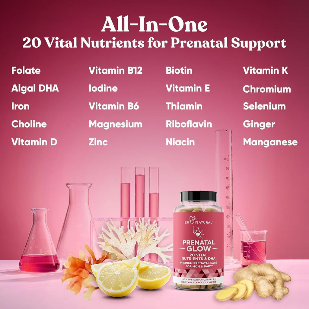 Eu Natural Glow Prenatal Vitamins - 20-en-1 Multivitamínico con Folato y DHA Vegano