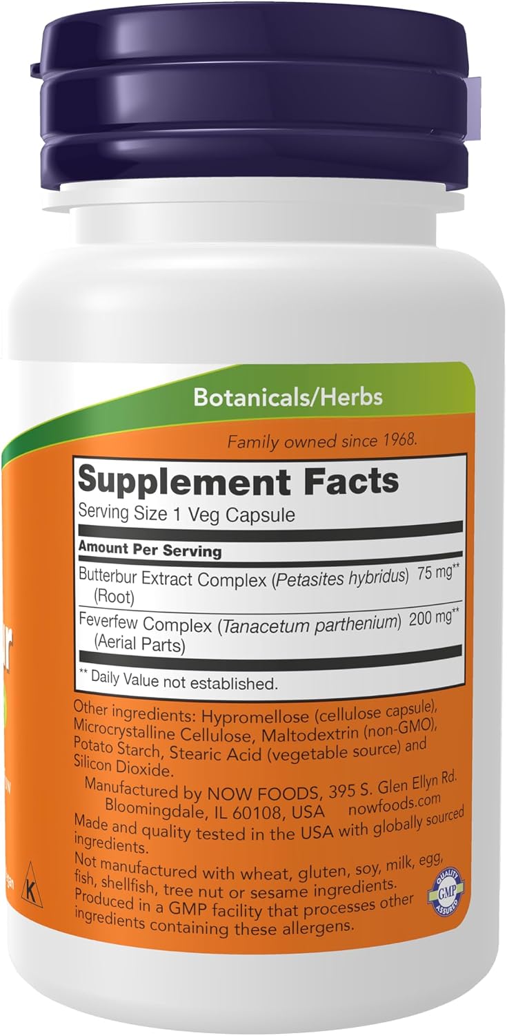 NOW Supplements, Butterbur con Feverfew, Apoyo Neurológico, 60 Cápsulas Vegetales