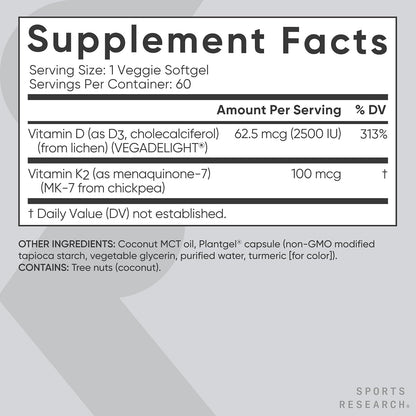Sports Research Vitamina D3 + K2 Vegana 2500 – Vegano Certificado: libre de ingredientes de origen animal. – Image 5