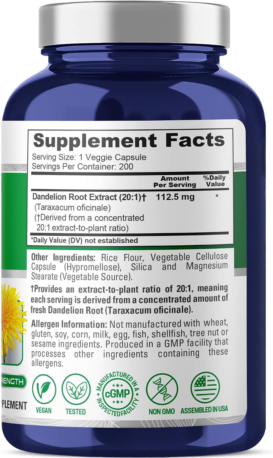 Cápsulas de Raíz de Diente de León, 112,5 mg, 200 Cápsulas Veganas - NusaPure