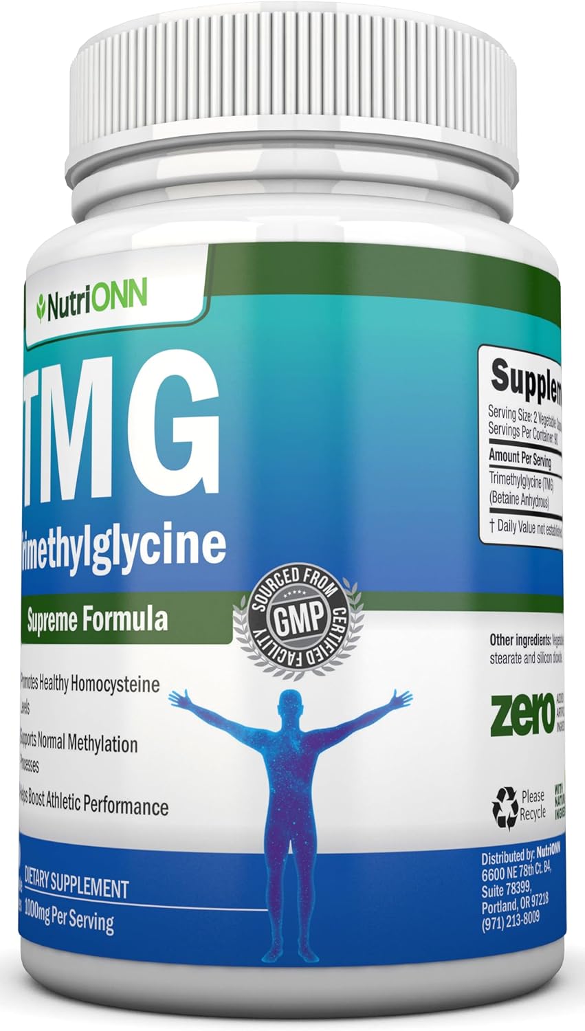NutriONN TMG Trimetilglicina 1000mg - 180 Cápsulas - Betaína Anhidra Pura