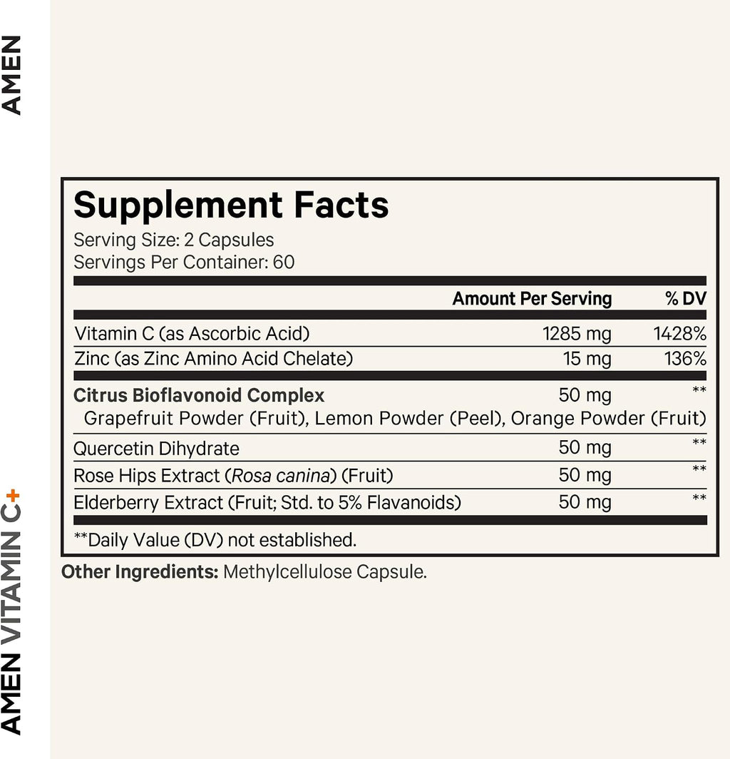 Amen Vitamina C+ con Zinc, Bioflavonoides, Quercetina, Escaramujo, Saúco – Vegano, No Transgénico – 2 Meses de Suministro - 120 Cápsulas