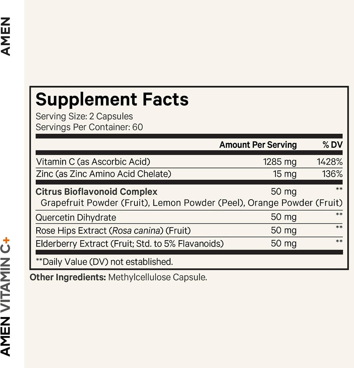 Amen Vitamina C+ con Zinc, Bioflavonoides, Quercetina, Escaramujo, Saúco – Vegano, No Transgénico – 2 Meses de Suministro - – Image 2