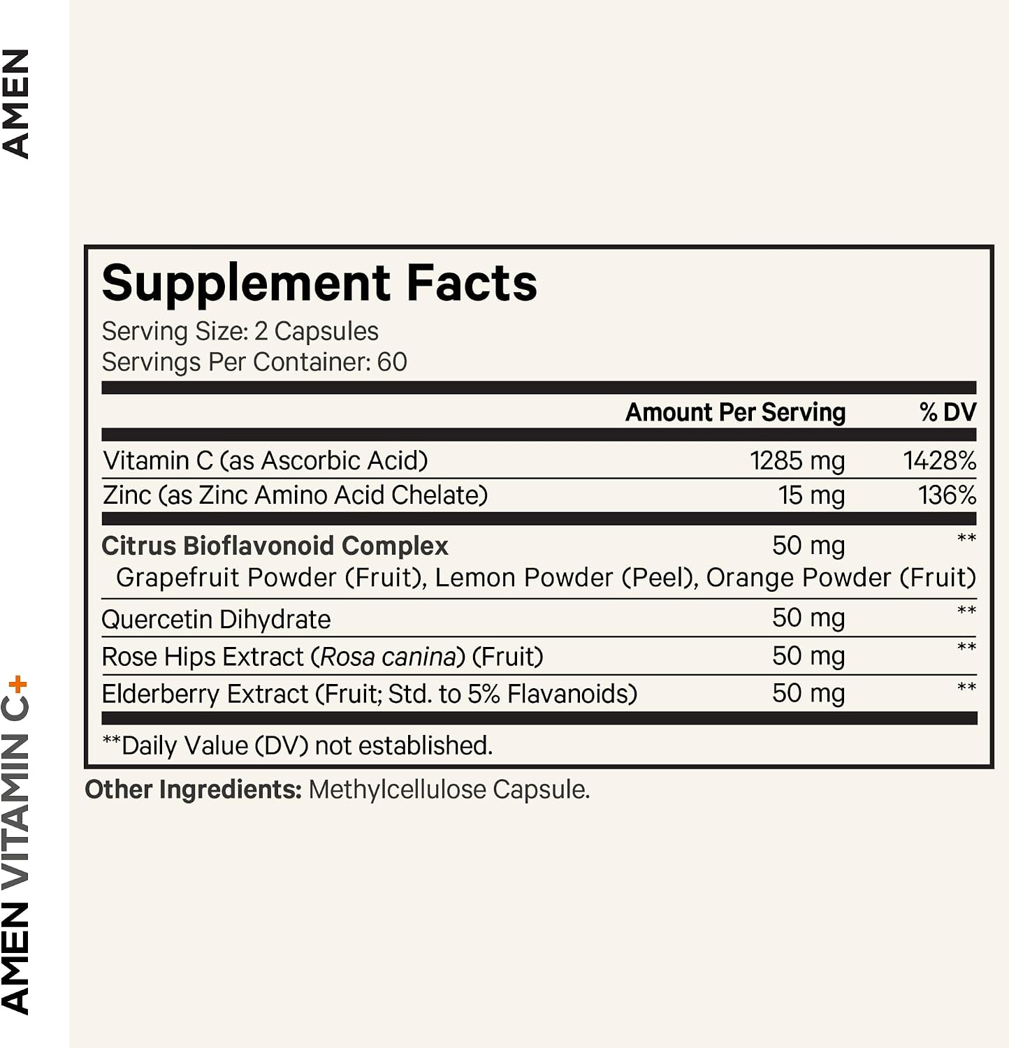 Amen Vitamina C+ con Zinc, Bioflavonoides, Quercetina, Escaramujo, Saúco – Vegano, No Transgénico – 2 Meses de Suministro - 120 Cápsulas