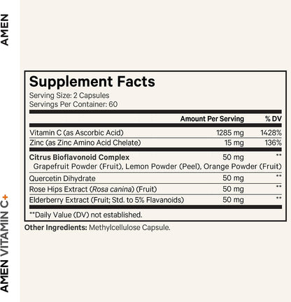 Amen Vitamina C+ con Zinc, Bioflavonoides, Quercetina, Escaramujo, Saúco – Vegano, No Transgénico – 2 Meses de Suministro - – Image 2