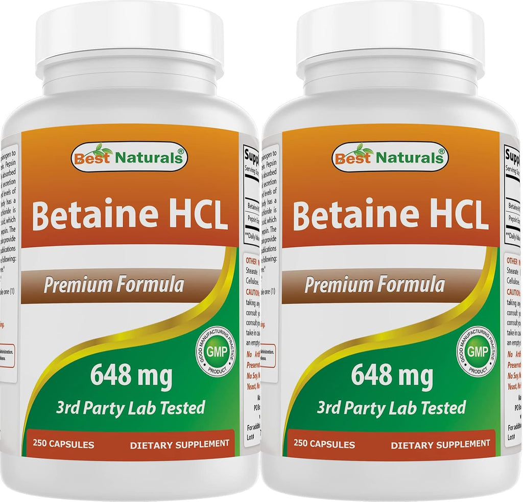 Best Naturals Betaine HCL 648 mg - 250 Cápsulas por Envase (Paquete de 2)