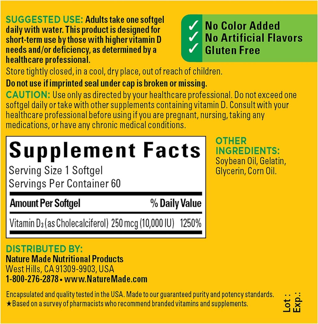 Nature Made Vitamina D3 10000 UI (250 mcg) de Máxima Potencia, 60 Cápsulas Blandas - Pack de 2