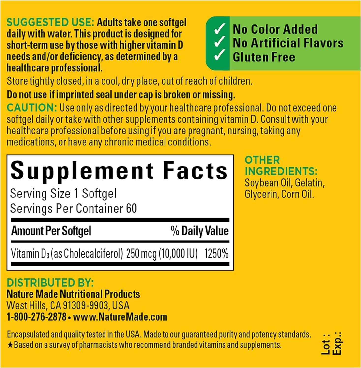 Nature Made Vitamina D3 10000 UI (250 mcg) de Máxima Potencia, 60 Cápsulas Blandas - Pack de 2