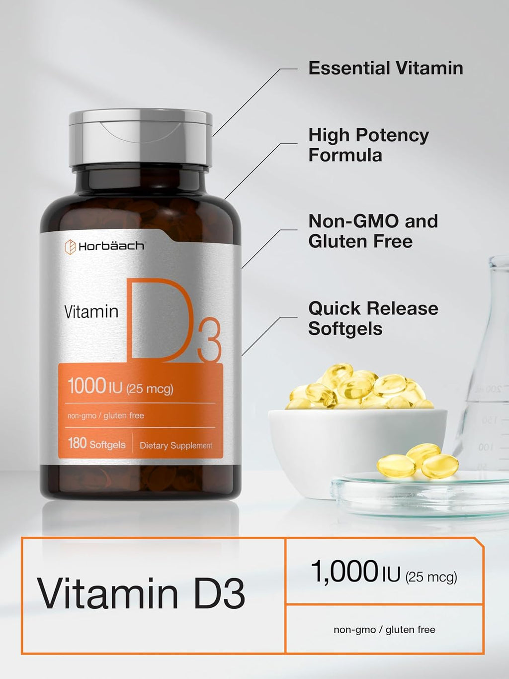 Horbäach Vitamina D3 1000IU (25mcg) Softgels - 180 Cápsulas