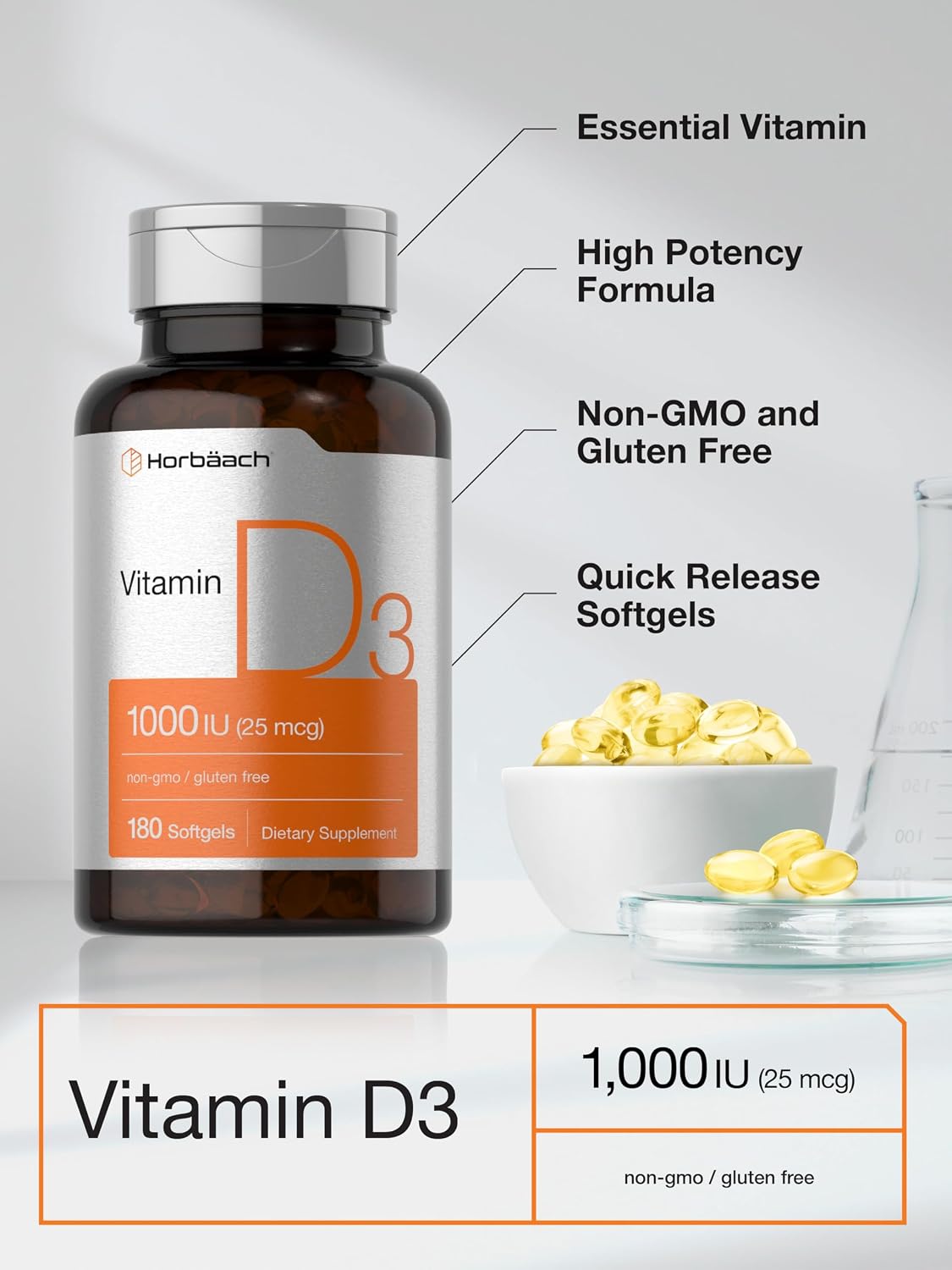 Horbäach Vitamina D3 1000IU (25mcg) Softgels - 180 Cápsulas