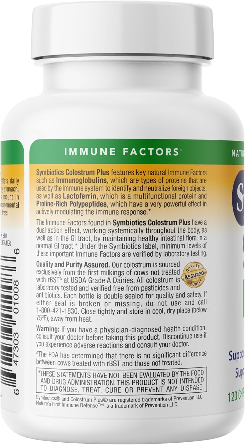 Symbiotics Naturade Calostro Masticable – Apoyo Inmunitario y Digestivo con Lactoferrina, Sin Gluten, Bajo en Azúcar (120 Comprimidos, Sabor Piña)