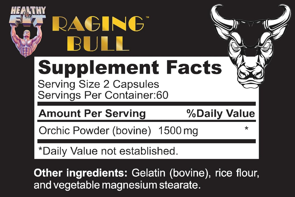 Healthy 'N Fit Raging Bull Mega Orchic - 120 Cápsulas (40 Días) Glándula Testicular Cruda Premium, Apoyo Natural para la Testosterona