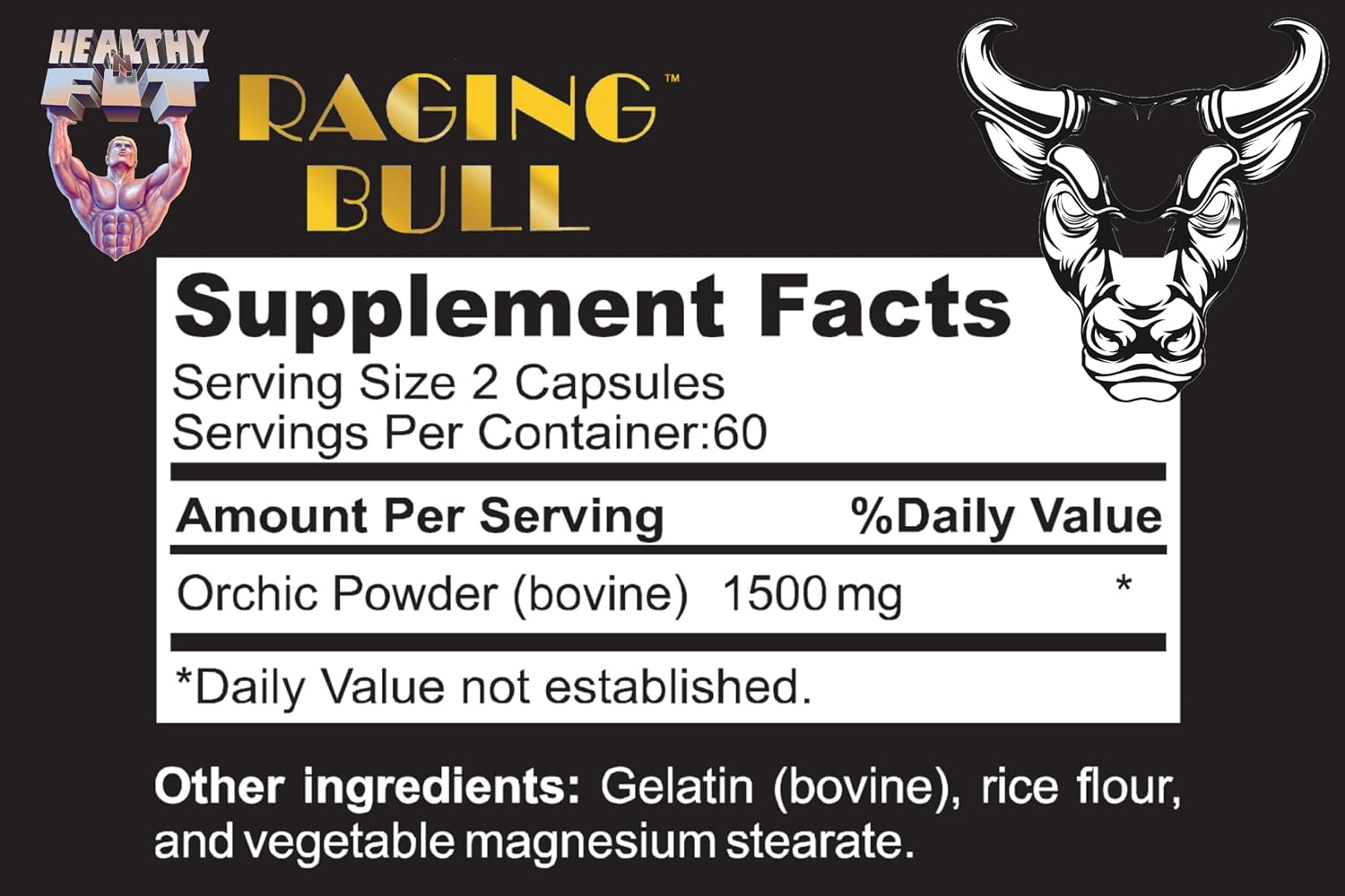 Healthy 'N Fit Raging Bull Mega Orchic - 120 Cápsulas (40 Días) Glándula Testicular Cruda Premium, Apoyo Natural para la Testosterona