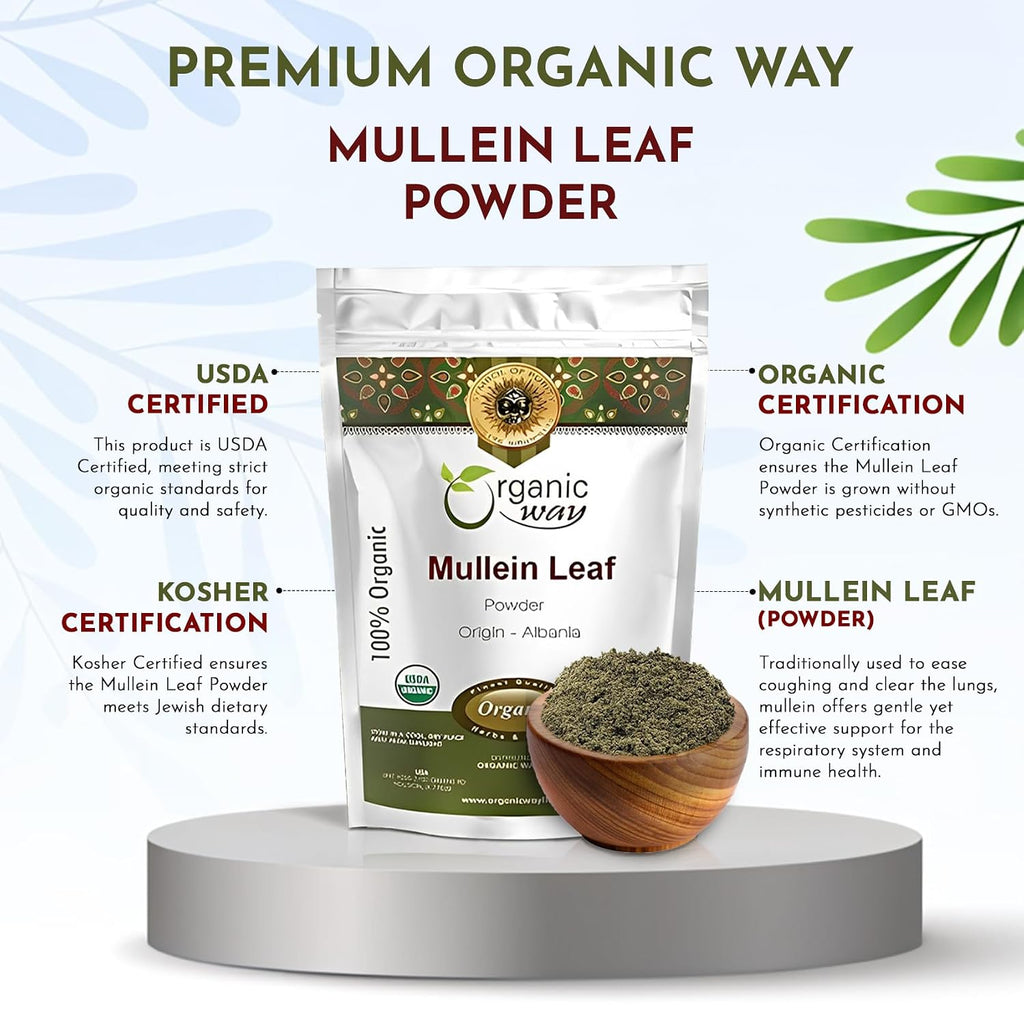 Organic Way Polvo de Hoja de Gordolobo (Verbascum thapsus) - Cosecha Silvestre Europea | Certificado Orgánico y Kosher | Vegano, No GMO y Sin Gluten | USDA Certificado | Origen Albania (56g)