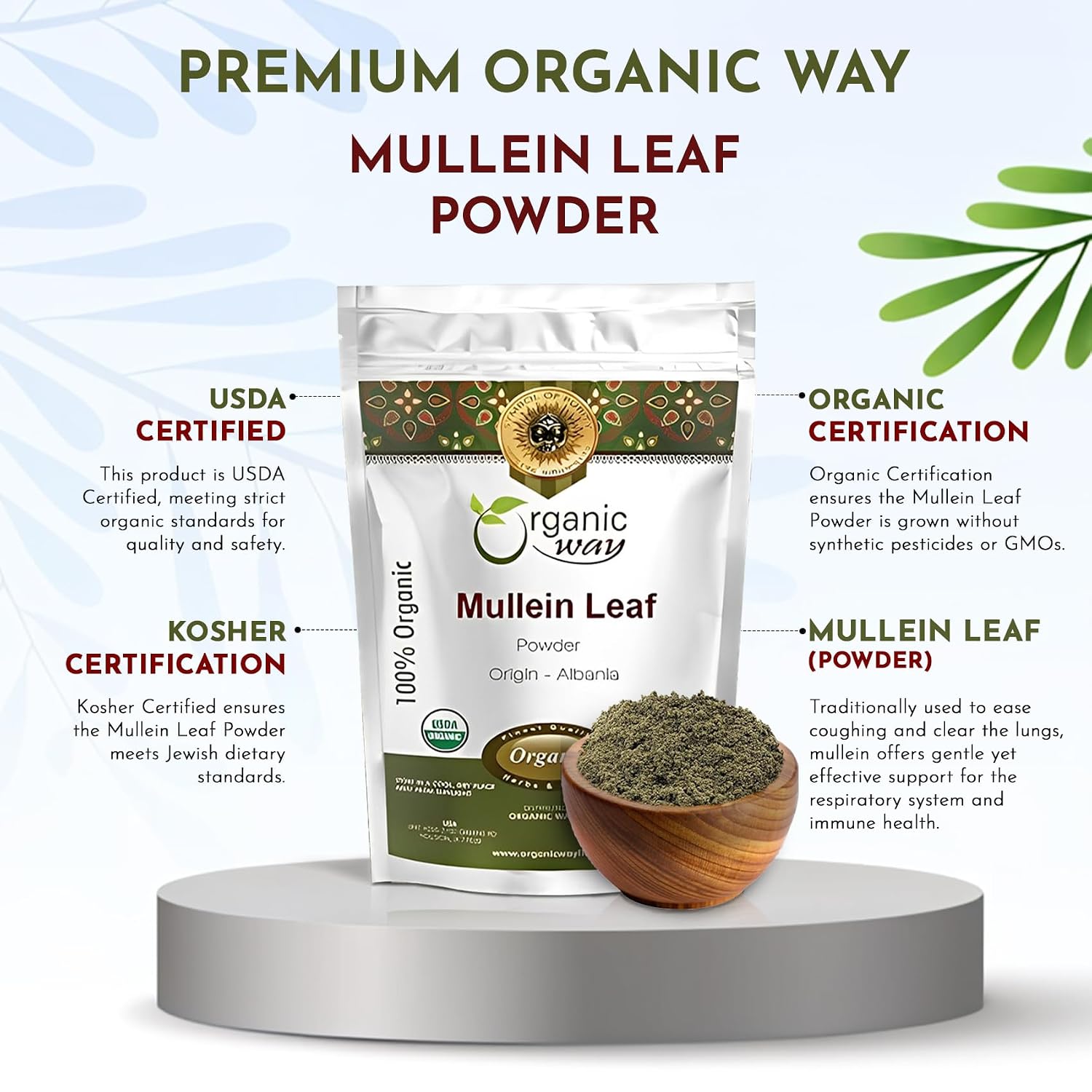 Organic Way Polvo de Hoja de Gordolobo (Verbascum thapsus) - Cosecha Silvestre Europea | Certificado Orgánico y Kosher | Vegano, No GMO y Sin Gluten | USDA Certificado | Origen Albania (56g)