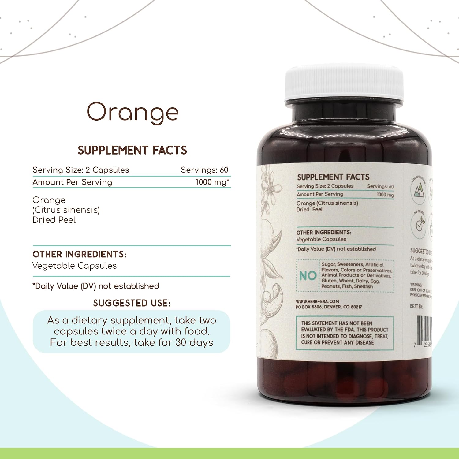 HerbEra Naranja (Citrus Sinensis) Cáscara Seca 120 Cápsulas, 500 mg