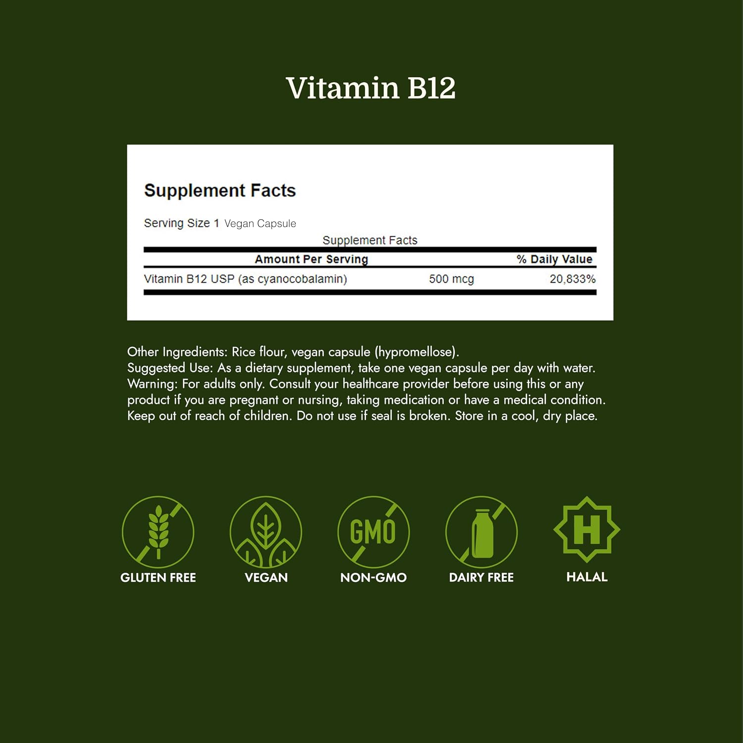 Swanson Vitamina B12 Cianocobalamina 500 mcg (250 Cápsulas Veganas)