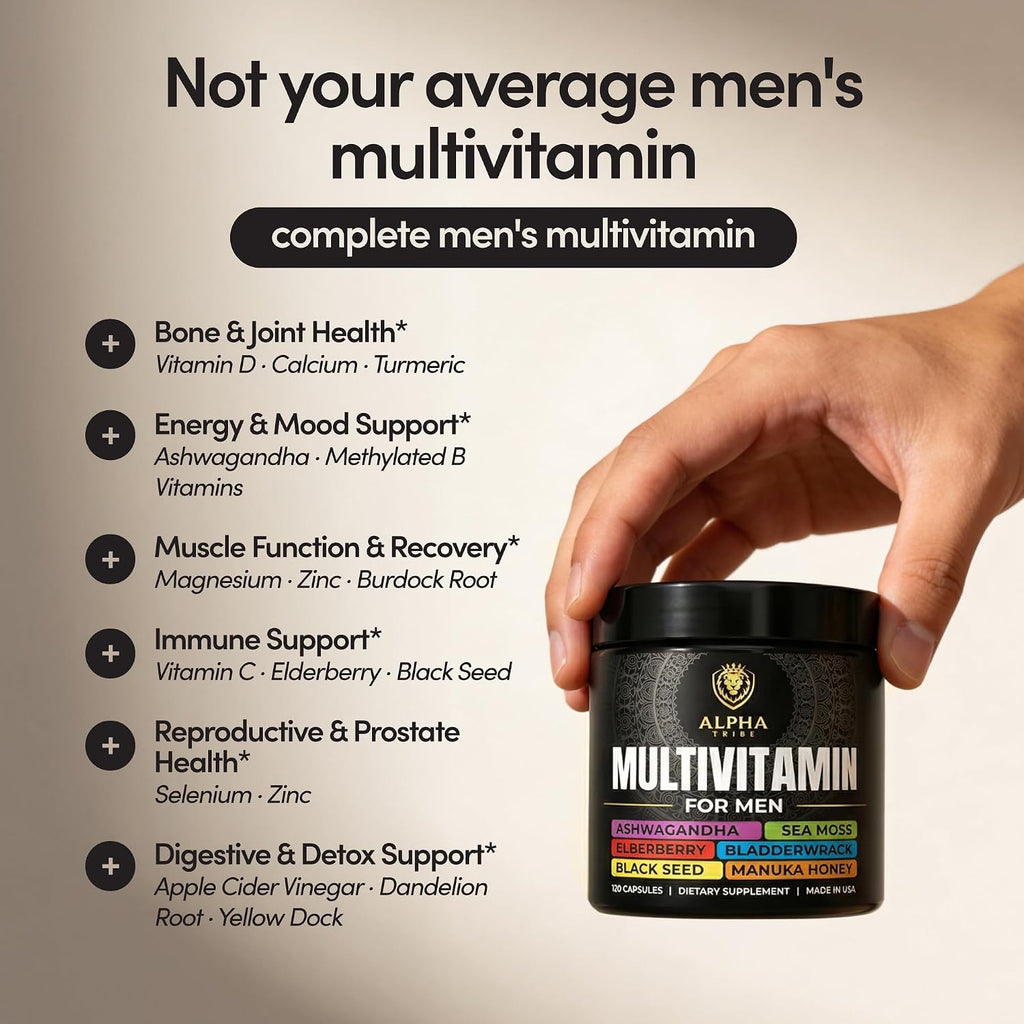 Alpha Tribe Multivitamínico para Hombres con Sea Moss, Aceite de Semilla Negra, Ashwagandha, Cúrcuma, Vitamina C y más