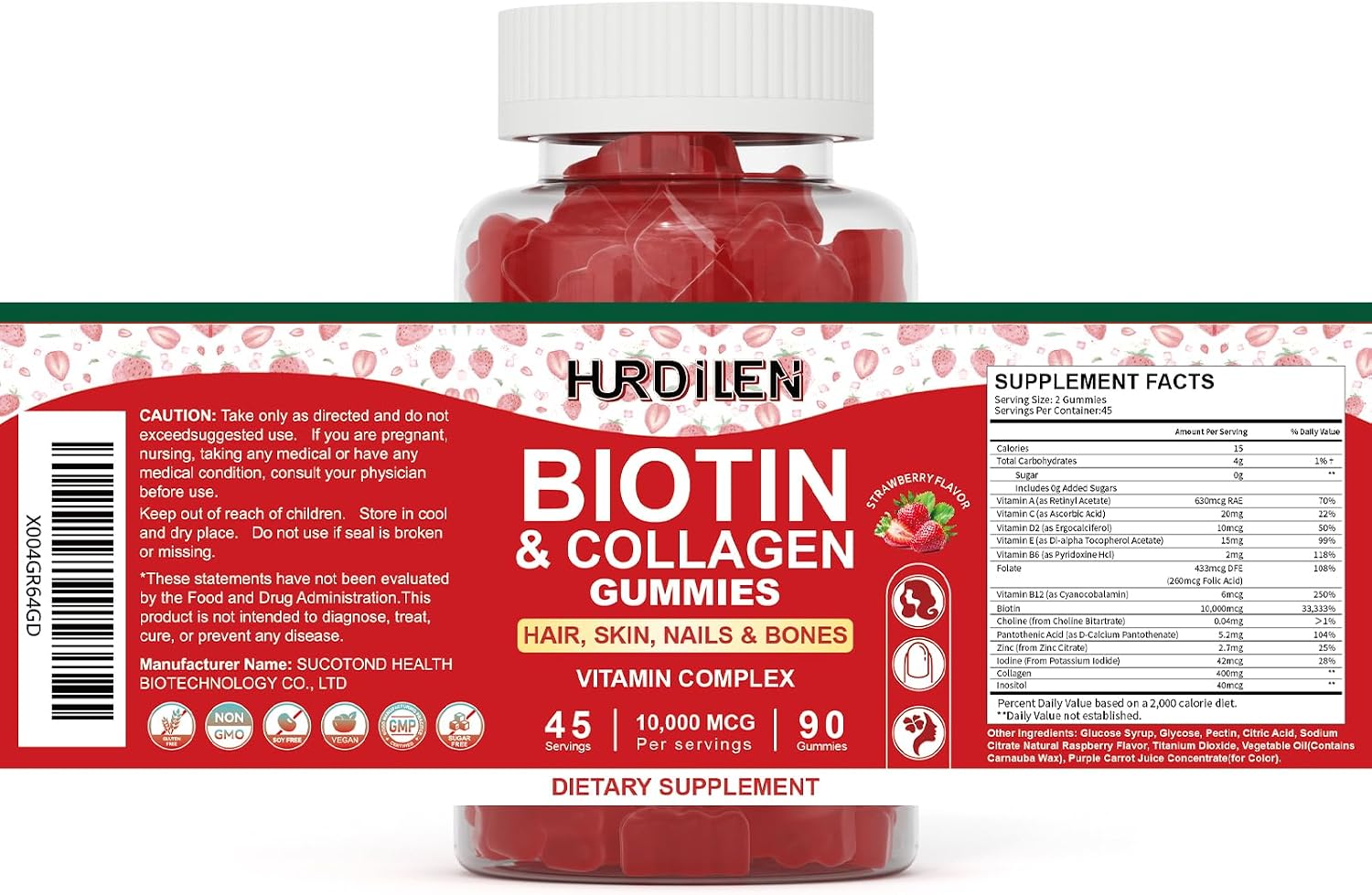Hurdilen Biotina Colágeno Gummies 10000mcg - 90 Gominolas para Cabello, Piel y Uñas