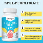 L-Metilfolato 15mg (5-MTHF) - Ácido Fólico Activo con B6 y B12 - Vegano, Sin Gluten, Sin Lácteos (60 Cápsulas)