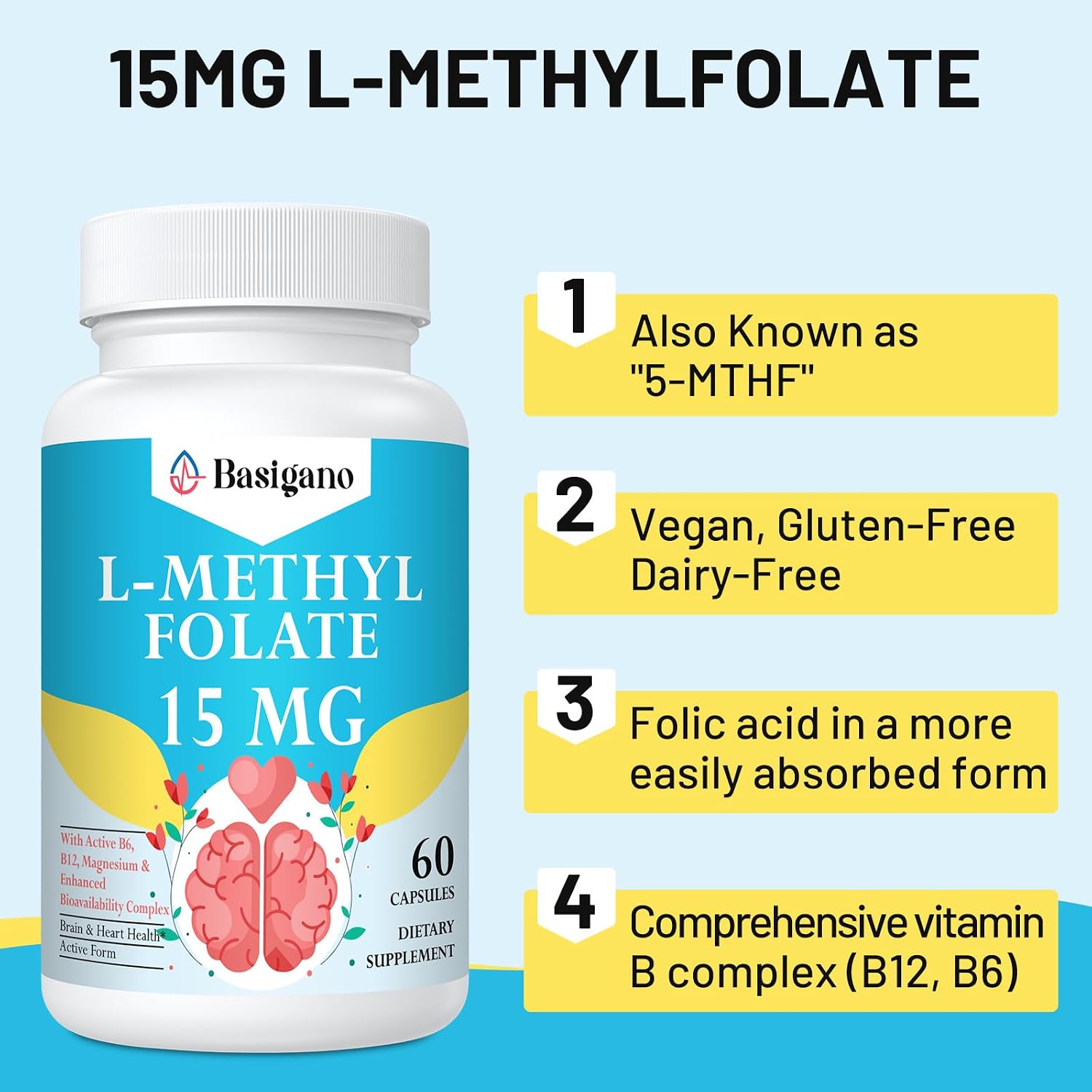 L-Metilfolato 15mg (5-MTHF) - Ácido Fólico Activo con B6 y B12 - Vegano, Sin Gluten, Sin Lácteos (60 Cápsulas)