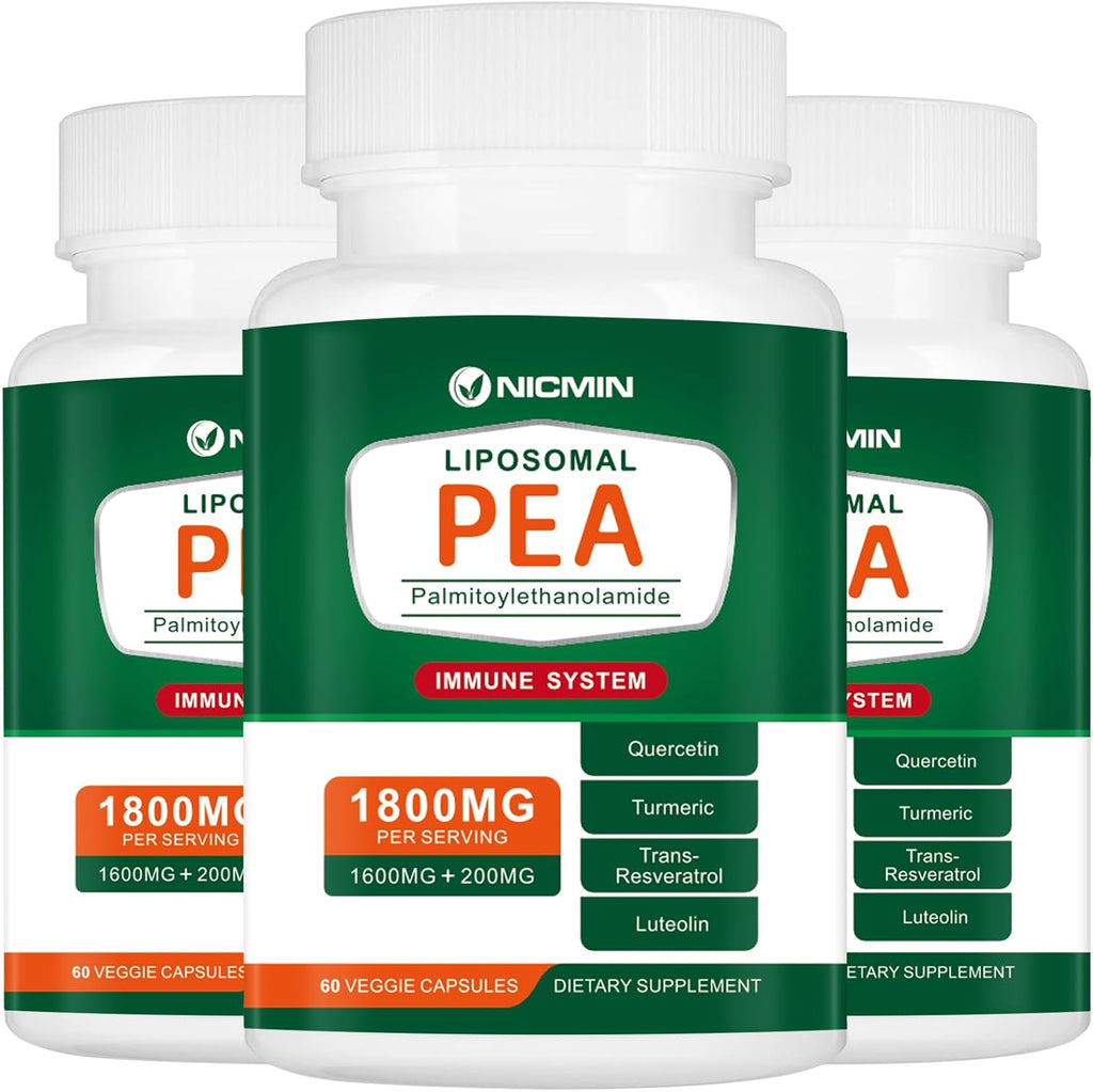 NICMIN Palmitoylethanolamide 1600mg con Luteolina, Quercetina, Cúrcuma y Resveratrol - 180 Cápsulas