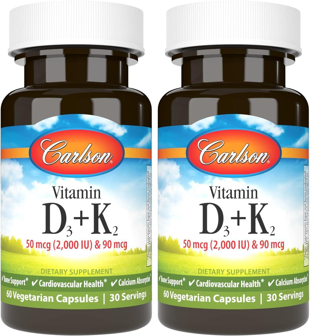 Carlson Vitamina D3 + K2, 50 mcg (2000 UI) Vitamina D3 y 90 mcg Vitamina K2 como MK-7, Soporte Óseo, Absorción de Calcio, 120 Cápsulas