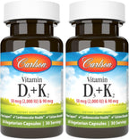 Carlson Vitamina D3 + K2, 50 mcg (2000 UI) Vitamina D3 y 90 mcg Vitamina K2 como MK-7, Soporte Óseo, Absorción de Calcio, 120 Cápsulas