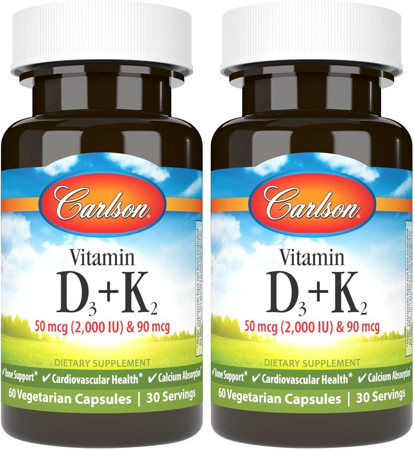 Carlson Vitamina D3 + K2, 50 mcg (2000 UI) Vitamina D3 y 90 mcg Vitamina K2 como MK-7, Soporte Óseo, Absorción de Calcio, 120 Cápsulas