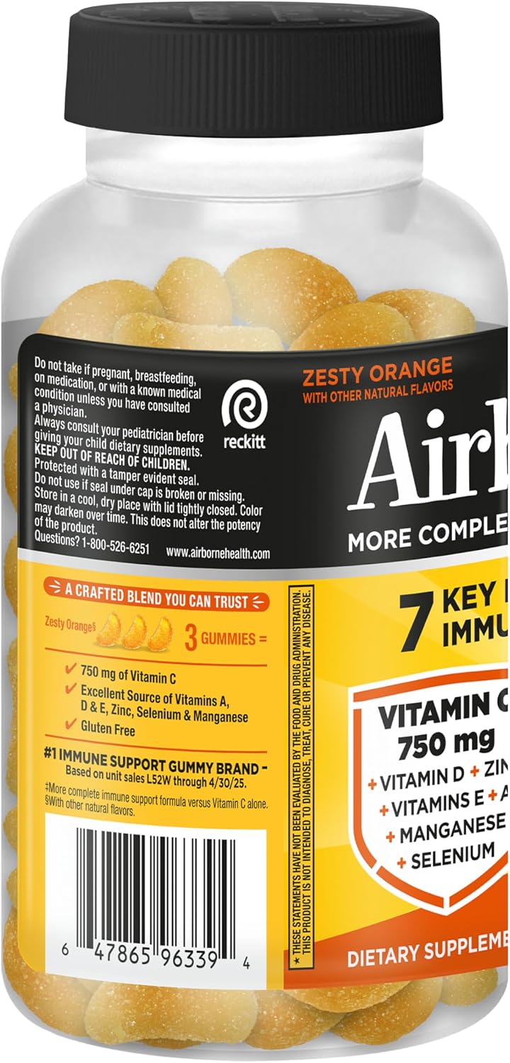 Airborne Immune Support Gummies, Orange Flavor, 63 Count – 750 mg Vitamin C + Vitamins A, D & E + Zinc, Selenium & Manganese | Herbal Blend | Natural Flavor